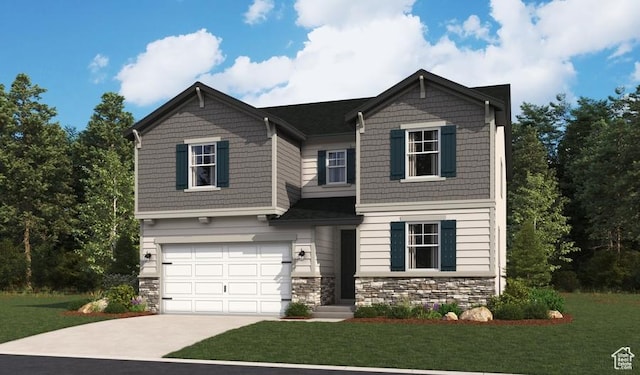 view of front of house with driveway, a garage, a front lawn, and stone siding