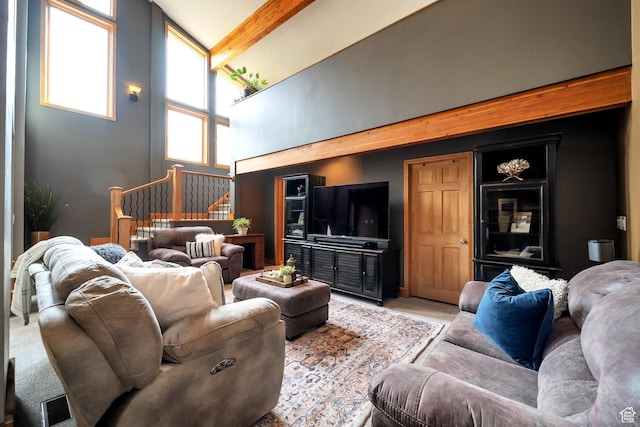 3200 E 3900 S, Salt Lake City, UT 84124 - carpeted living area featuring beam ceiling, high vaulted ceiling, and stairs