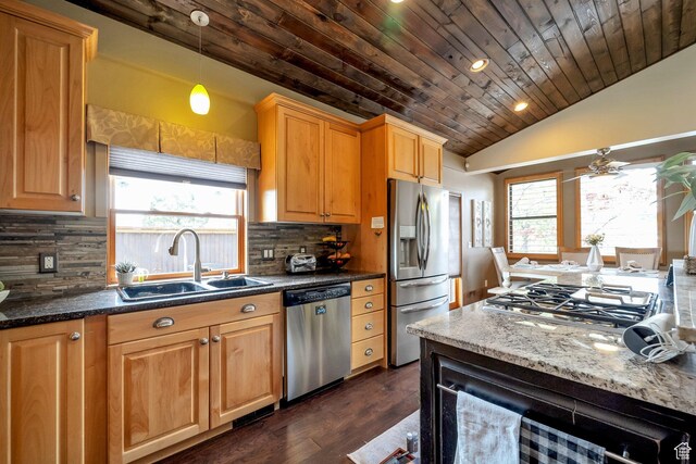 3200 E 3900 S, Salt Lake City, UT 84124 - kitchen with tasteful backsplash, wood ceiling, appliances with stainless steel finishes, dark wood-style flooring, and a sink