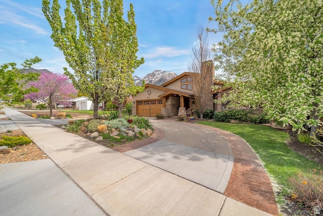 3200 E 3900 S, Salt Lake City, UT 84124 - view of front of home with driveway, a chimney, a front yard, an attached garage, and stucco siding