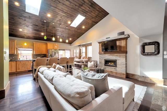 3200 E 3900 S, Salt Lake City, UT 84124 - living area with wooden ceiling, dark wood-type flooring, high vaulted ceiling, a stone fireplace, and a skylight