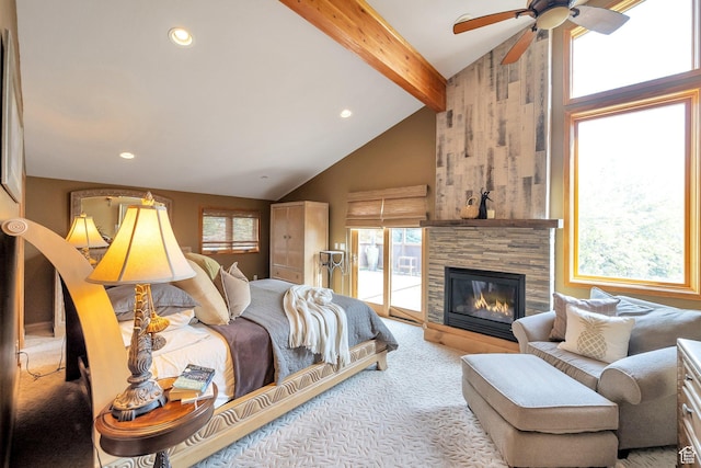 3200 E 3900 S, Salt Lake City, UT 84124 - carpeted bedroom with recessed lighting, access to exterior, beamed ceiling, and a stone fireplace