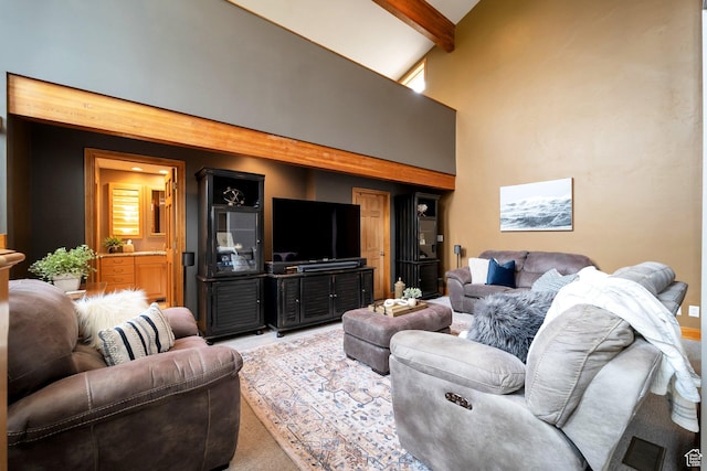 3200 E 3900 S, Salt Lake City, UT 84124 - living area featuring a high ceiling, carpet flooring, and beam ceiling