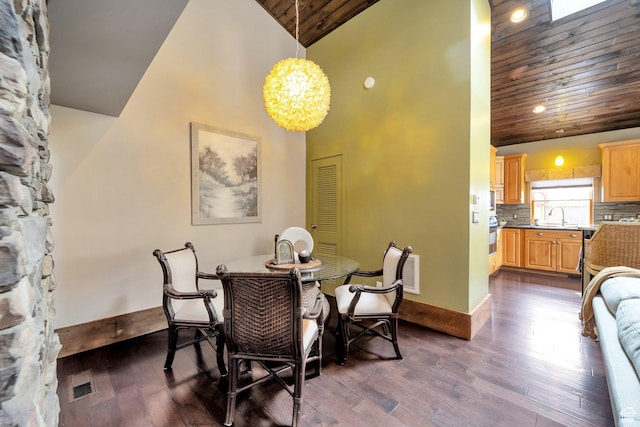 3200 E 3900 S, Salt Lake City, UT 84124 - dining area featuring dark wood-type flooring, an inviting chandelier, high vaulted ceiling, and wood ceiling