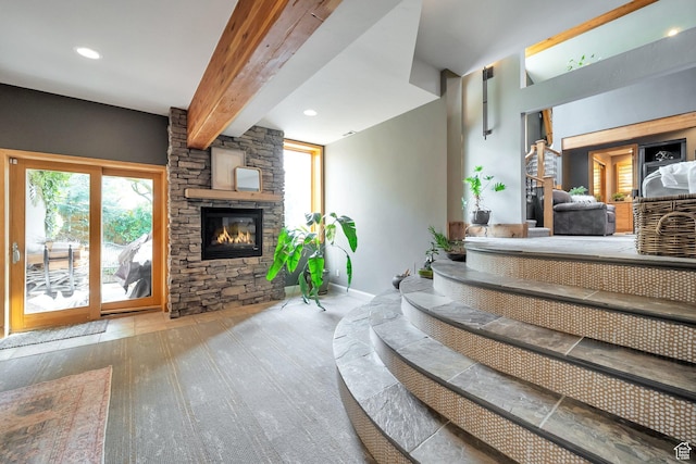 3200 E 3900 S, Salt Lake City, UT 84124 - interior space with beamed ceiling, recessed lighting, a fireplace, baseboards, and wood finished floors