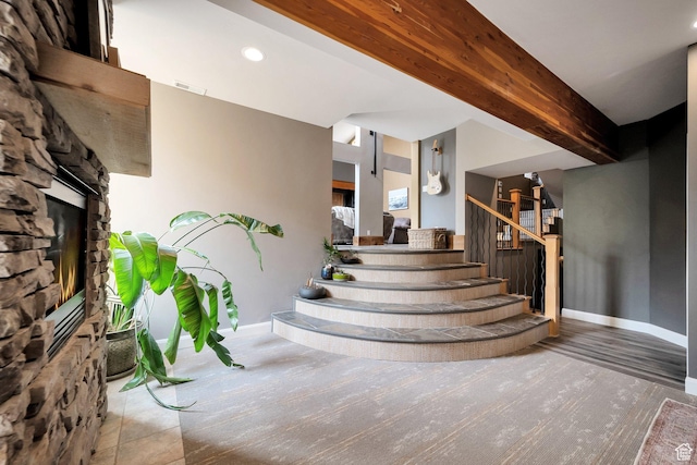 3200 E 3900 S, Salt Lake City, UT 84124 - stairs featuring baseboards, visible vents, beamed ceiling, and a fireplace