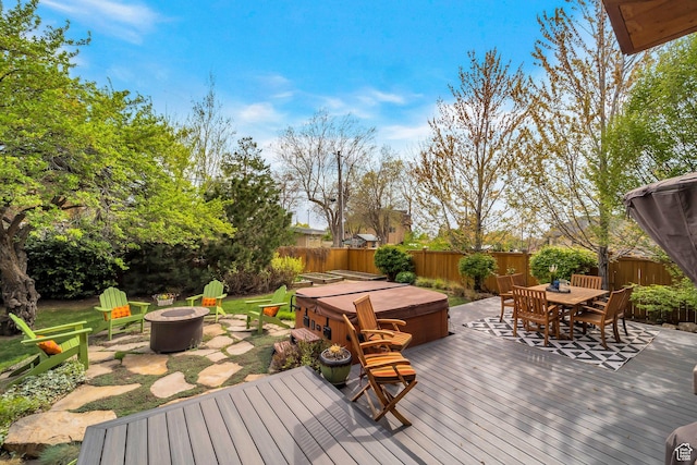 3200 E 3900 S, Salt Lake City, UT 84124 - deck with an outdoor fire pit, a fenced backyard, outdoor dining space, and a hot tub