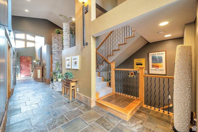 3200 E 3900 S, Salt Lake City, UT 84124 - stairway with stone tile flooring, recessed lighting, and high vaulted ceiling