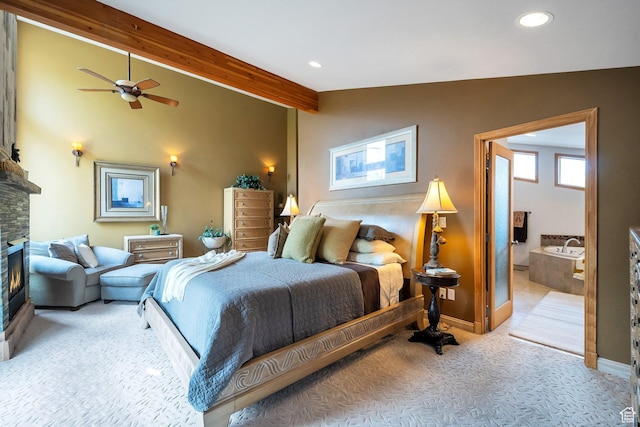 3200 E 3900 S, Salt Lake City, UT 84124 - carpeted bedroom featuring lofted ceiling with beams, recessed lighting, baseboards, and a fireplace