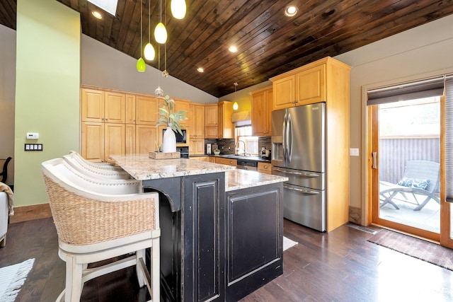 3200 E 3900 S, Salt Lake City, UT 84124 - kitchen with wooden ceiling, light brown cabinetry, stainless steel appliances, a sink, and lofted ceiling