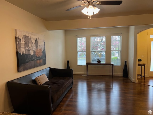 living room with a healthy amount of sunlight, ceiling fan, and wood finished floors