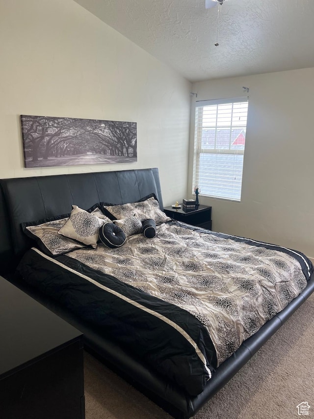 carpeted bedroom with a textured ceiling
