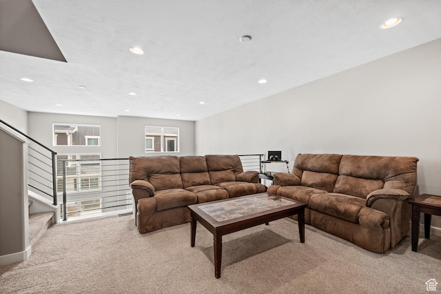 15084 S Wild Horse Way, Bluffdale, UT 84065 - living room featuring recessed lighting, stairs, and light colored carpet