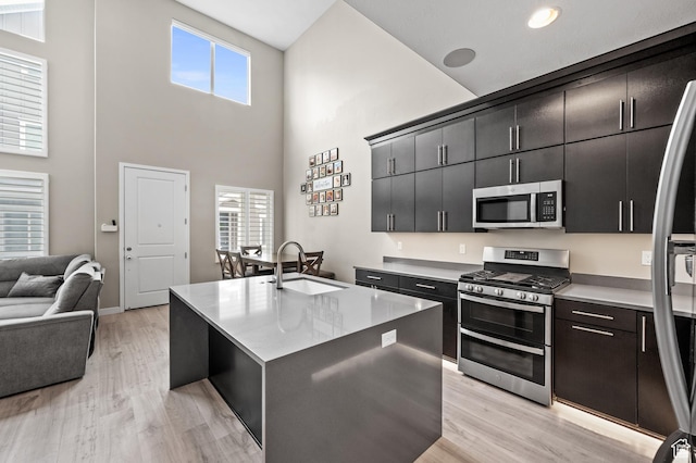 15084 S Wild Horse Way, Bluffdale, UT 84065 - kitchen featuring stainless steel appliances, light wood-style floors, open floor plan, and a sink