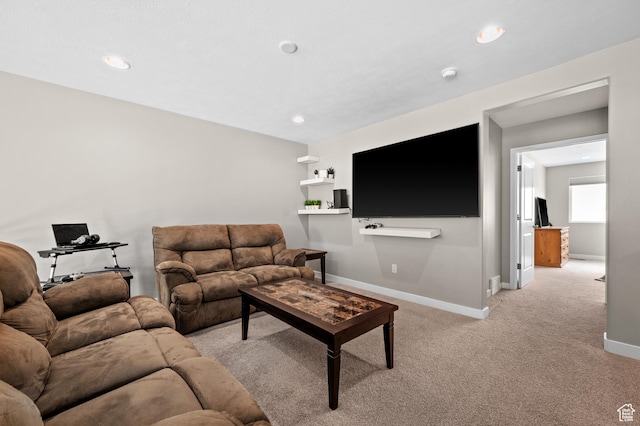 15084 S Wild Horse Way, Bluffdale, UT 84065 - living room featuring light carpet, recessed lighting, and baseboards
