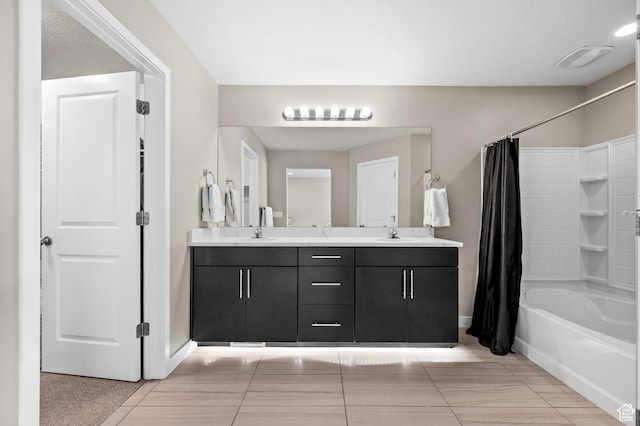 15084 S Wild Horse Way, Bluffdale, UT 84065 - bathroom with double vanity, a sink, baseboards, and shower / tub combo with curtain