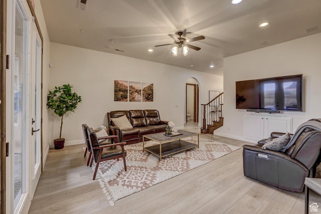 595 W 2050 S, Hurricane, UT 84737 - living area with recessed lighting, stairway, light wood-style floors, a ceiling fan, and arched walkways