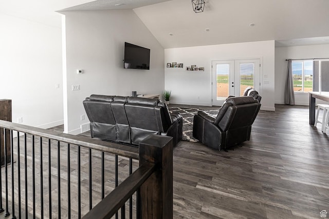 166 W 580 N, Redmond, UT 84652 - living room with lofted ceiling, dark wood-style flooring, baseboards, and french doors