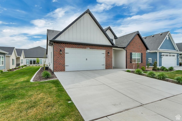 view of front of home featuring concrete driveway, a garage, board and batten siding, and brick siding