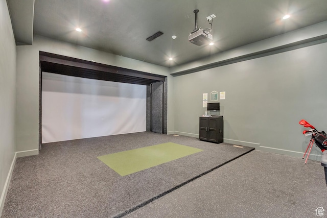 rec room with recessed lighting, carpet, and golf simulator