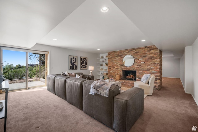 813 N Northview Dr E, Salt Lake City, UT 84103 - carpeted living room featuring a fireplace, recessed lighting, and built in shelves