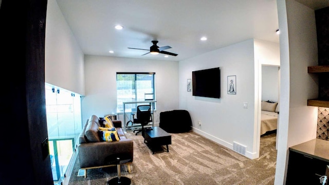 13327 S Bullitt Ln, Draper, UT 84020 - living room with recessed lighting, carpet, ceiling fan, baseboards, and visible vents