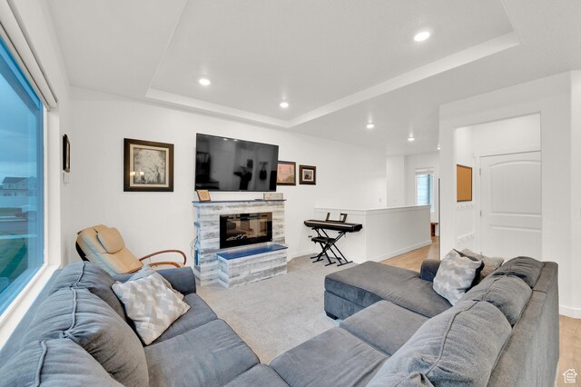 1131 S Red Cliff Dr, Santaquin, UT 84655 - living area with recessed lighting, a raised ceiling, and a fireplace