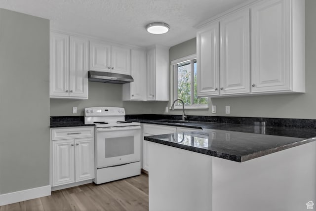 3502 W 8350 S, West Jordan, UT 84088 - kitchen featuring white cabinets, a sink, white range with electric stovetop, light wood-style floors, and under cabinet range hood