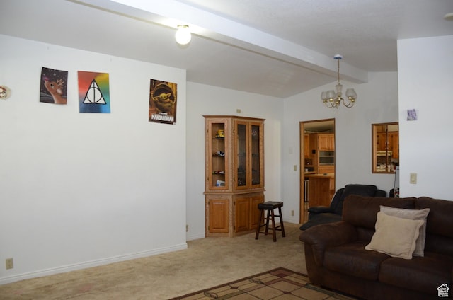 645 N 600 E, Hyrum, UT 84319 - living area with baseboards, vaulted ceiling with beams, light carpet, and a notable chandelier