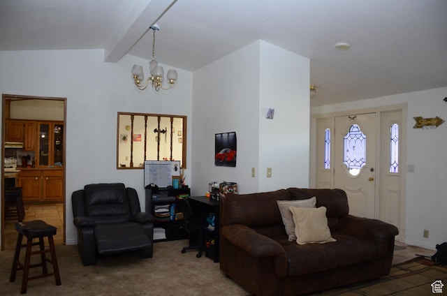 645 N 600 E, Hyrum, UT 84319 - living area with an inviting chandelier, carpet flooring, and vaulted ceiling with beams