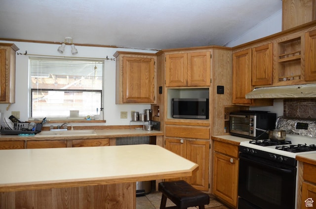 645 N 600 E, Hyrum, UT 84319 - kitchen with range with gas stovetop, stainless steel microwave, a sink, light countertops, and under cabinet range hood