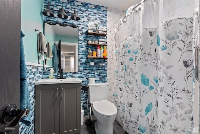 3902 W 4955 S, Taylorsville, UT 84129 - bathroom featuring toilet, a shower with curtain, tile walls, and vanity