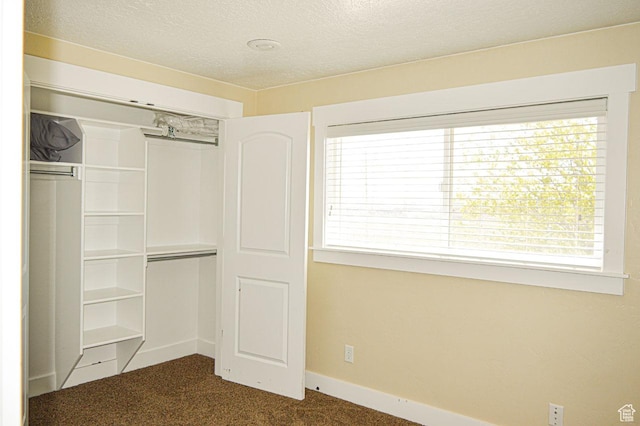5859 E Ashley Creek Rd S, Vernal, UT 84078 - unfurnished bedroom with dark colored carpet, a closet, a textured ceiling, and baseboards