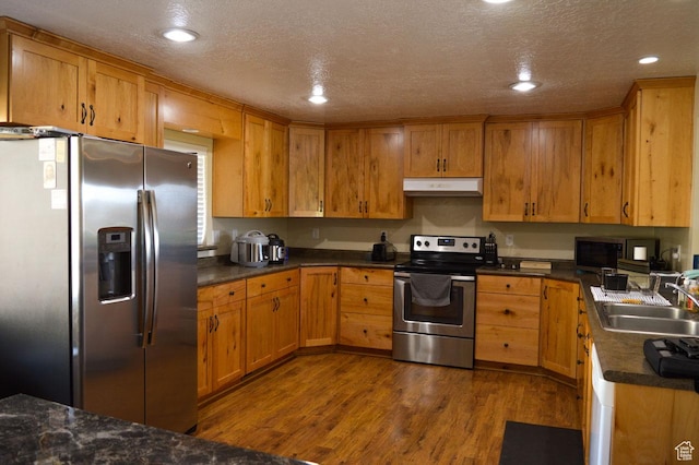 5859 E Ashley Creek Rd S, Vernal, UT 84078 - kitchen with stainless steel appliances, a sink, under cabinet range hood, dark wood finished floors, and recessed lighting