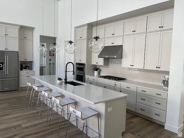889 S Winter Ln, North Salt Lake, UT 84054 - kitchen featuring appliances with stainless steel finishes, a sink, decorative backsplash, dark wood-type flooring, and under cabinet range hood