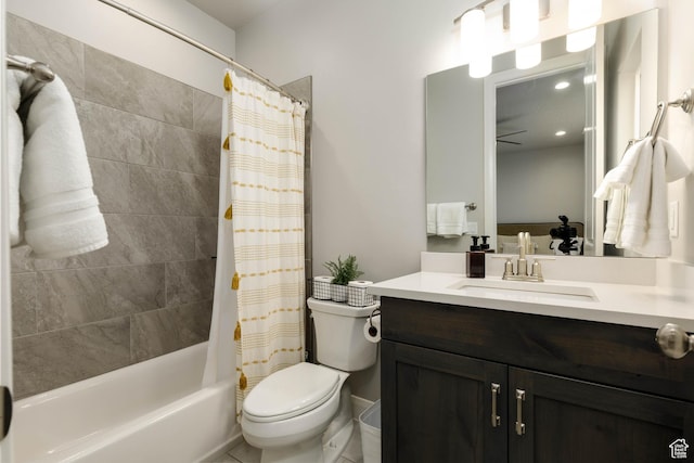 1427 N Rustico Dr, Washington, UT 84780 - bathroom featuring vanity, toilet, shower / tub combo with curtain, and ceiling fan