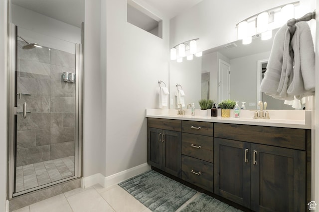 1427 N Rustico Dr, Washington, UT 84780 - bathroom featuring a stall shower, tile patterned flooring, double vanity, and baseboards