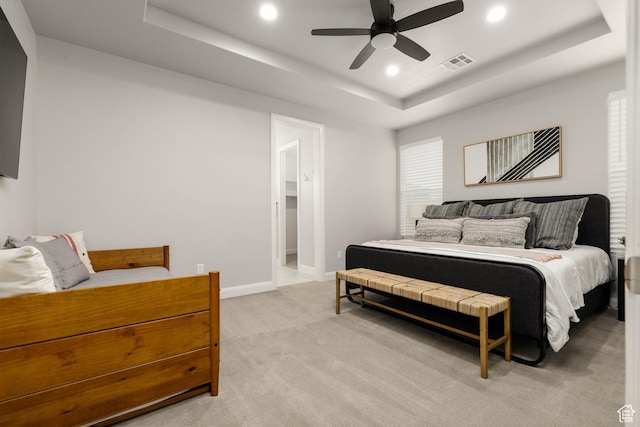 1427 N Rustico Dr, Washington, UT 84780 - bedroom featuring a raised ceiling, light colored carpet, recessed lighting, baseboards, and a ceiling fan