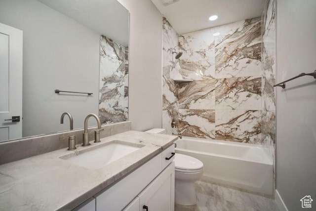 2275 E Meadowlark Ln N, North Logan, UT 84341 - full bath with recessed lighting, marble finish floor, toilet, vanity, and washtub / shower combination
