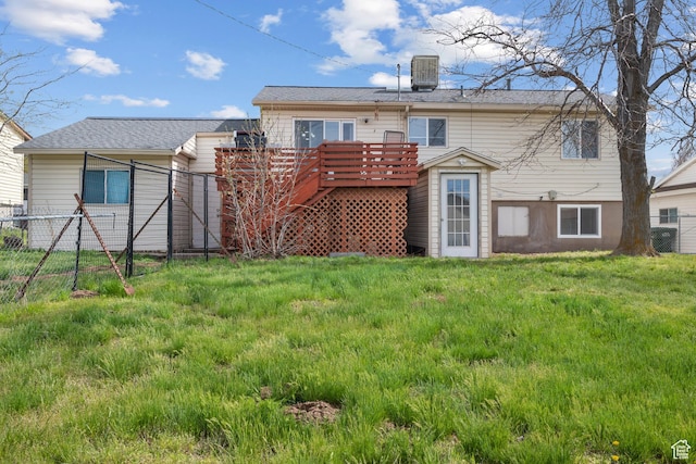 501 Valley View Dr, Tooele, UT 84074 - rear view of house with a deck, a yard, central AC, and a fenced backyard