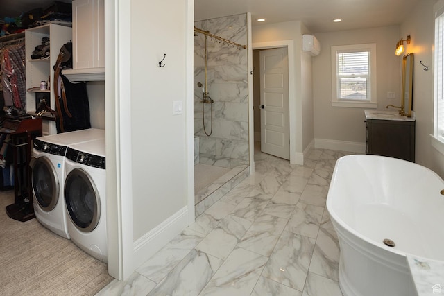815 S Annabella Rd, Richfield, UT 84701 - full bathroom with recessed lighting, tiled shower, washing machine and clothes dryer, marble finish floor, and a soaking tub