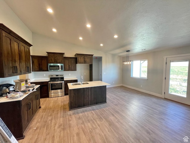 884 W Factory St, Garland, UT 84312 - kitchen featuring a sink, light wood-style floors, stainless steel appliances, dark brown cabinets, and a kitchen island with sink