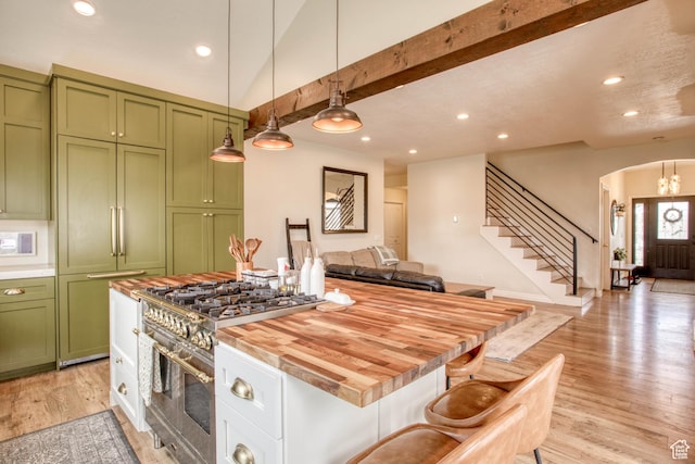 431 W 3460 N, Erda, UT 84074 - kitchen featuring recessed lighting, high end appliances, light wood-style flooring, green cabinets, and wooden counters