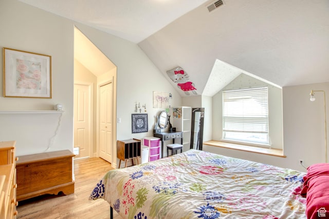431 W 3460 N, Erda, UT 84074 - bedroom featuring visible vents, vaulted ceiling, and light wood-type flooring