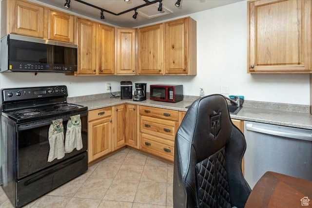 1381 W Beacon Hill Dr S, Taylorsville, UT 84123 - kitchen with stainless steel microwave, black electric range, light countertops, track lighting, and an office area
