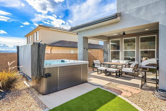 1378 N Marfil Way, Washington, UT 84780 - view of patio / terrace with fence private yard, a ceiling fan, and a hot tub