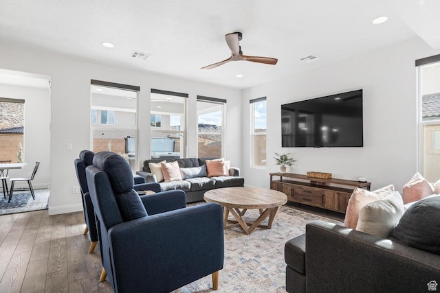 1378 N Marfil Way, Washington, UT 84780 - living room with hardwood / wood-style floors, visible vents, a ceiling fan, and recessed lighting