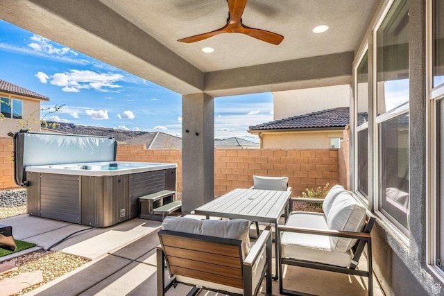1378 N Marfil Way, Washington, UT 84780 - view of patio featuring an outdoor living space, a ceiling fan, a fenced backyard, and a hot tub
