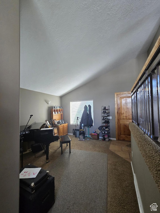 5564 S Yellow Fin Way W, Murray, UT 84107 - living area with baseboards, a textured ceiling, carpet, and lofted ceiling