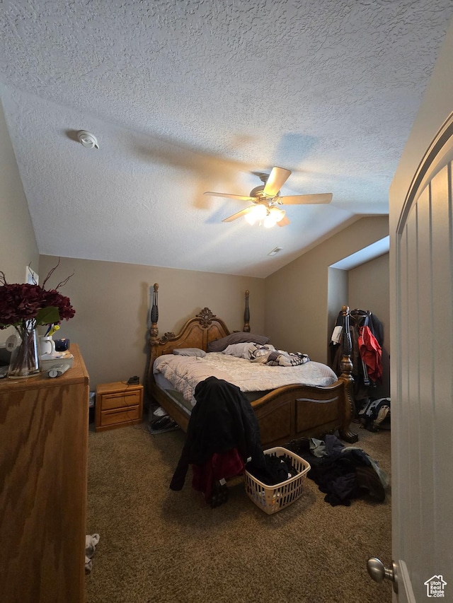 5564 S Yellow Fin Way W, Murray, UT 84107 - bedroom with lofted ceiling, carpet, a ceiling fan, and a textured ceiling
